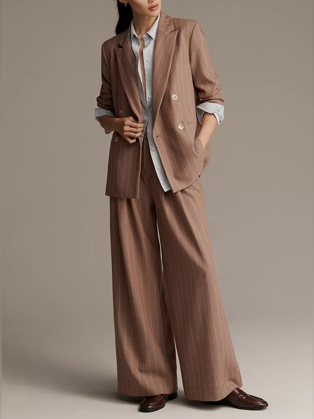 Anthropologie Brown Pinstripe Baggy Blazer and Pant Suit